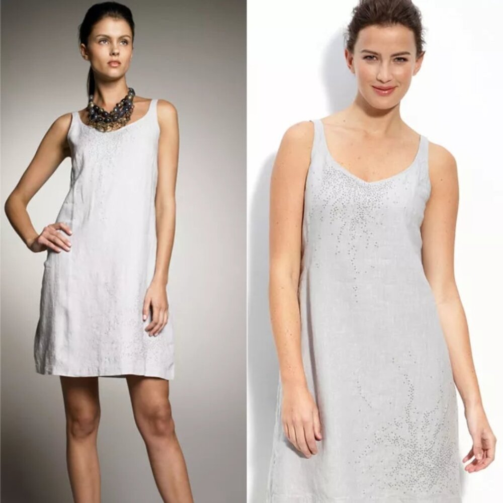 EILEEN FISHER HANDKERCHIEF IRISH LINEN SEQUIN GREY SLEEVELESS TANK DRESS SZ 6 P